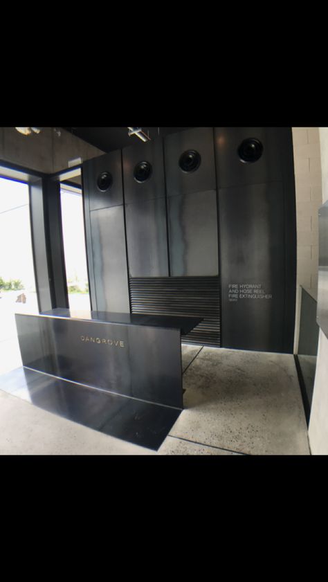 Black steel reception desk  byvincenzo.com Black Reception Desk, Steel Reception Desk, Reception Bar, Reception Desk Office, Office Reception, Reception Counter, Steel Sheet, Reception Desk, Black Steel