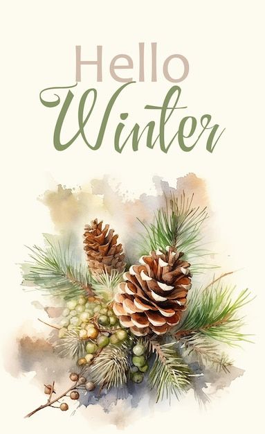 Hello winter watercolor greeting card with pine branches cones and berries Winter Greetings, Italian Cafe, Winter Wishes, Winter Illustration, Winter Watercolor, Pine Branches, Watercolor Christmas Cards, Watercolor Greeting Cards, Christmas Graphics