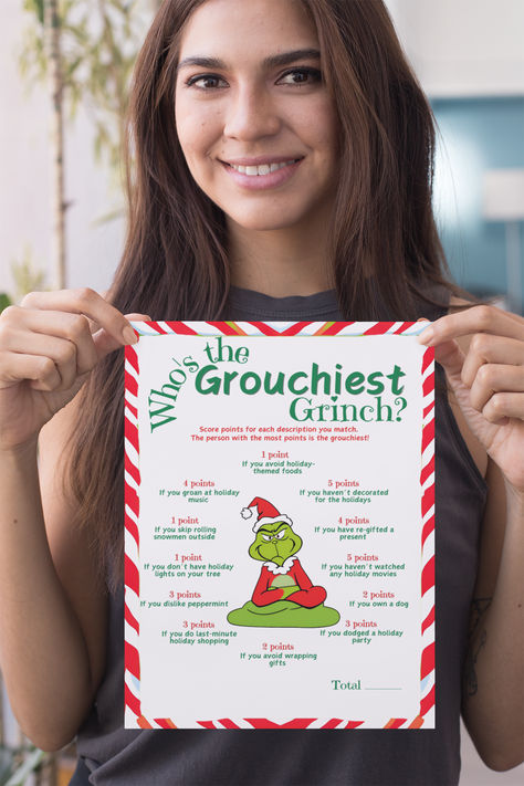 Get ready to transform your holiday gatherings with our delightful "Who's the Grouchiest Grinch?" Printable Grinch Party Game! Perfect for Christmas parties or family get-togethers, this engaging game will reveal who's the true Grinch in the group. With easy-to-follow instructions and vibrant graphics, it's suitable for parties with kids or adults alike. Simply download, print, and play—it's that easy to add some green-hearted fun to your festivities! Grinch Adult Christmas Party, The Grinch Party Ideas, Grinch Christmas Photoshoot, Grinch Games For Adults, Grinch Party Games, Grinch Christmas Games, Grinch Party Decorations, Grinch Games, Grinch Activities