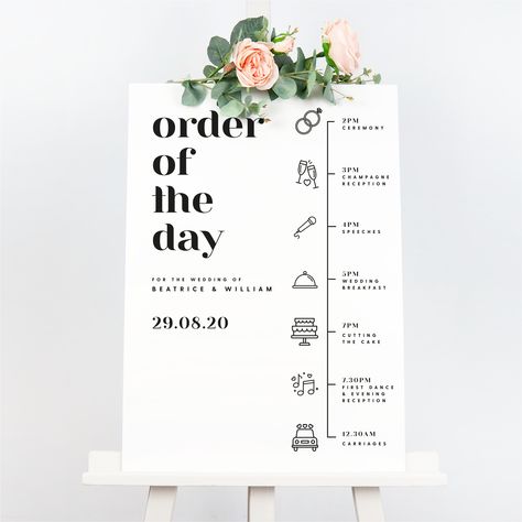 Wedding Order Of Day Sign, Wedding Day Event Schedule, Wedding Running Order, Wedding Timings Of Day, Order Of The Day Ideas, Order Of Service Wedding Sign, Schedule Of Events Wedding, Order Of The Day Wedding Sign, Wedding Extras Touches