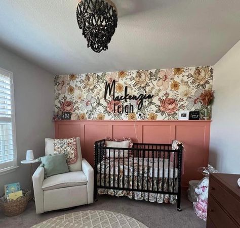 Baby Girl Nursery Dark Furniture, Unique Baby Girl Nursery, Moody Floral Nursery, Toddler Bedroom Wall, Vintage Floral Nursery, Floral Baby Nursery, Closet Nursery, Baby Room Closet, Girly Nursery