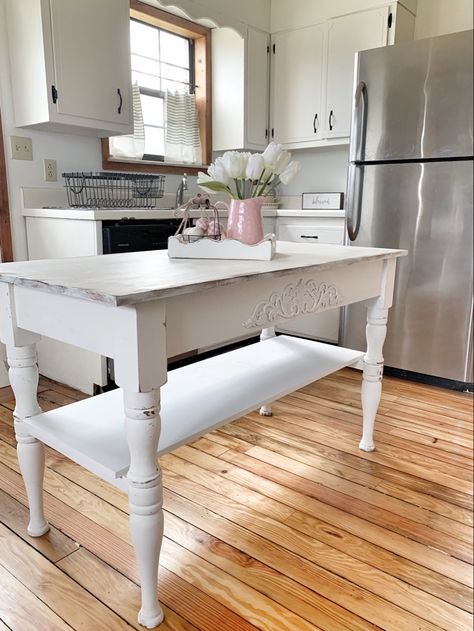 I turned an on old table into my kitchen island! Old Kitchen Tables, House Flip, Vintage Style Kitchen, Old Table, Farmhouse Renovation, Island Table, Kitchen Island Table, Farmhouse Kitchen Island, Work Stations