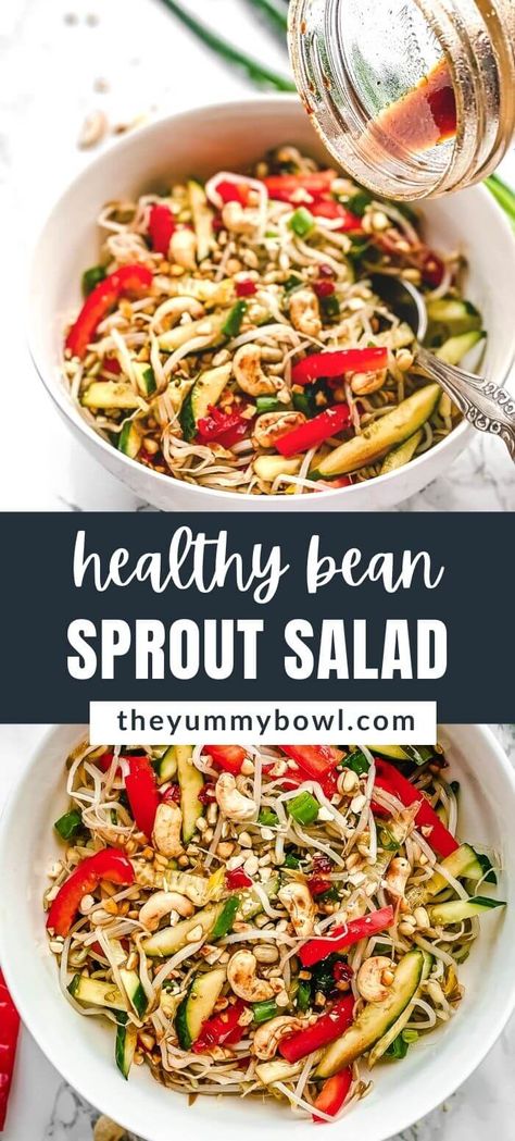 Healthy Bean Sprout Salad - The Yummy Bowl Bean Sprout Recipes, Bean Sprout Salad, Yummy Bowl, Chicken Salad With Grapes, Healthy Beans, Bean Sprout, Sprout Salad, Quick Side Dishes, Sprouts Salad