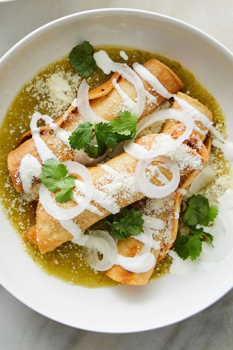 Elote Cart, Flautas Ahogadas, Chicken Flautas, Tomatillo Sauce, Mexican Crema, Shredded Chicken Tacos, Salsa Verde Chicken, Latin American Food, Tomatillo Salsa