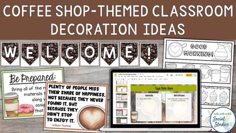 Coffeehouse Classroom Theme, Classroom Coffee Shop Theme, Cafe Classroom Decor, Coffee Bar In Classroom, Coffee Shop Bulletin Board Ideas, Coffee Shop Classroom Decor, Coffee House Classroom Theme, Classroom Coffee Station, Coffee Classroom Theme