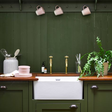 Paint trends 2021- the colours setting the tone in our homes – 98types Kitchen Panelling, Olive Green Kitchen, Kitchen Wall Panels, Olive Colour, Tongue And Groove Panelling, Paint Trends, Eclectic Farmhouse, Paint And Paper Library, Luxury Look