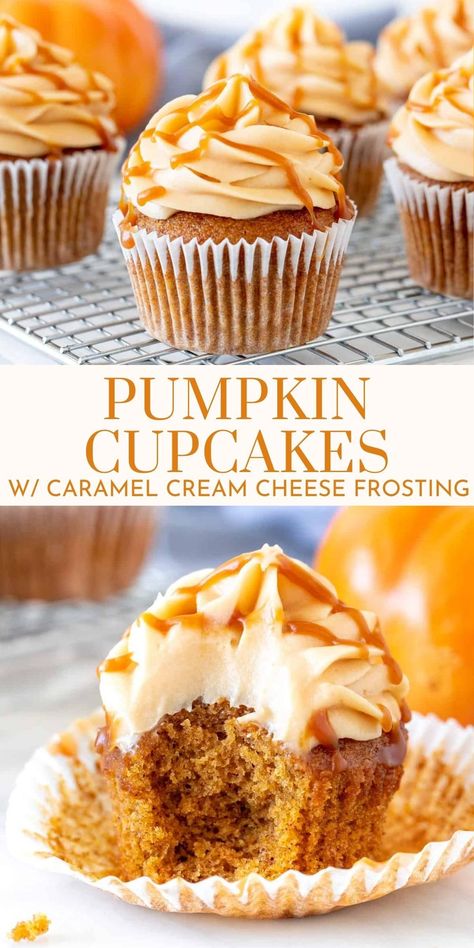 These incredibly moist pumpkin cupcakes are topped with caramel cream cheese frosting. The cupcakes have the perfect pumpkin spice flavor and the frosting is creamy and a little tangy with a salted caramel flavor #cupcakes #pumpkin #pumpkinspice #caramel #creamcheese #recipe #pumpkincupcakes #fall #baking from Just So Tasty https://www.justsotasty.com/pumpkin-cupcakes-with-caramel-cream-cheese-frosting/ Caramel Cream Cheese Frosting, Cupcakes With Caramel, Pumpkin Cupcake, Dessert Parfait, Caramel Cupcakes, Fall Baking Recipes, Fun Dessert, Caramel Cream, Pumpkin Recipes Dessert