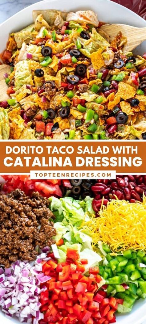 Dorito Taco Salad with Catalina Dressing - Top Recipes Nacho Doritos Taco Salad, Taco Bowl Salad Recipe, Taco Salad Recipe With Doritos, Taco Salad For A Crowd Parties, Easy Dorito Taco Salad, Catalina Taco Salad Doritos, Taco Salads Recipes, Summer Main Dish Salads, Easy Taco Salad Recipe Simple