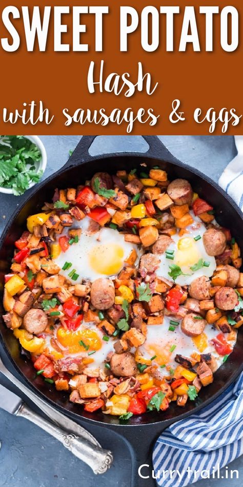 sweet potato hash with sausages and eggs Sausage Sweet Potato Recipes, Potato Hash Breakfast, Sausage Sweet Potato, Sweet Potato Hash Recipe, Breakfast Potatoes Skillet, Sweet Potato Breakfast Hash, Potatoes Skillet, Potato Hash Recipe, Potato Breakfast