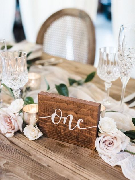 Wooden hand-calligraphed table number: http://www.stylemepretty.com/2017/03/10/blending-organic-and-elegant-in-the-most-beautiful-of-ways/ Photography: Krista A. Jones - http://kristaajones.com/ Affordable Wedding Centerpieces, Wooden Table Numbers, Industrial Wedding Venues, Wedding Table Designs, Rustic Wedding Table, Amazing Weddings, Affordable Wedding, Wedding Table Centerpieces, Wedding Table Numbers