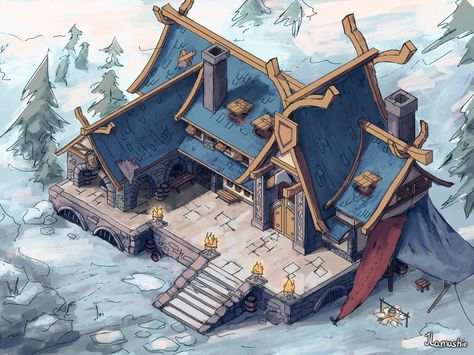 Viking Architecture Concept Art, Httyd Buildings, Nordic Village Concept Art, Viking Castle Art, Viking Building Concept Art, Viking House Design, Viking House Concept Art, Valheim Building Ideas, Enshrouded Build