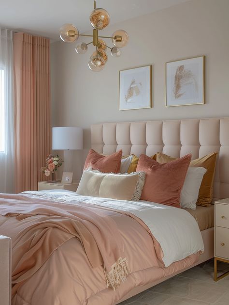 Peach And Gold Bedroom, Gold Accent Bedroom Ideas, Pink Wall Bedroom Ideas, Pink Gold And White Bedroom, Pink Accent Bedroom, Pink White And Gold Bedroom, Glam Bedroom Decor Pink, Beige And Pink Bedroom, Gold And Pink Bedroom