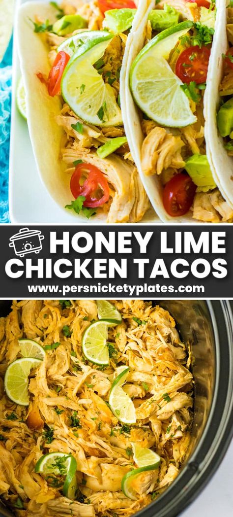 The meat in these slow cooker honey lime chicken tacos is tender, juicy, and full of flavor. With just 5 minutes of prep time, the crockpot does the heavy lifting, and because there are so few ingredients involved, you may already have what you need on hand! Top with your favorite toppings and enjoy a bright and zesty new taco recipe! | www.persnicketyplates.com Honey Lime Chicken Crockpot, Chicken For Tacos In Crockpot, Taco Recipes Crockpot, Chicken Lime Tacos, Honey Lime Chicken Tacos, Pomegranate Desserts, Crockpot Tacos, Mexican Crockpot, Crockpot Chicken Tacos