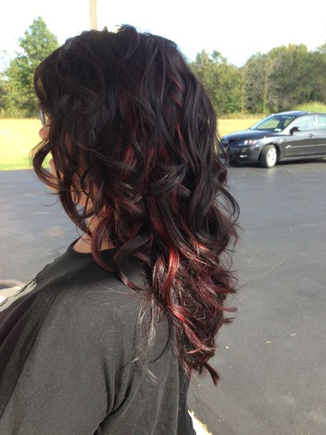 Dark brown with red highlights. So shiney! Black Hair Red Highlights Curly, Dark Brown Hair Red Highlights, Dark Brown With Red Highlights, Black Hair Red Highlights, Brunette Red Highlights, Brown With Red Highlights, Hair Red Highlights, Dark Brown With Red, Black Hair With Red Highlights