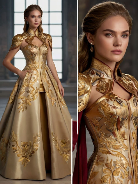 White And Gold Gown Goddesses, Gold Gown Aesthetic, Gold Fantasy Dress, Golden Dress Outfit, Gown Aesthetic, Game Of Thrones Dress, Formal Occasion Dress, Golden Dress, Royal Dresses