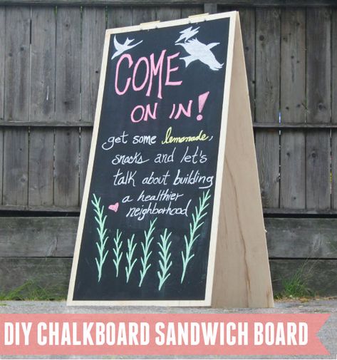 DIY Chalkboard Sandwich Board – Tip Junkie Sandwich Board Sign, Hamptons Party, Sandwich Board Signs, Craft Show Booths, Board Signs, Appreciation Ideas, Sandwich Board, Simple Sandwiches, How To Make Sandwich