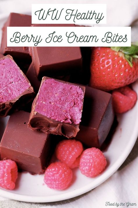 There’s nothing like a cold bite of ice cream in the summer, especially when it doesn’t require any baking and is healthy too! These WW friendly Healthy Berry Ice Cream Bites are perfect to keep on hand in your freezer this summer if you’re looking to find better-for-you dessert options. Berry Ice Cream, Ice Cream Bites, Banana Bars, Sugar Free Chocolate Chips, Ice Cream At Home, Healthy Ice Cream, Bake Desserts, Ice Cream Cookies, Dessert Options