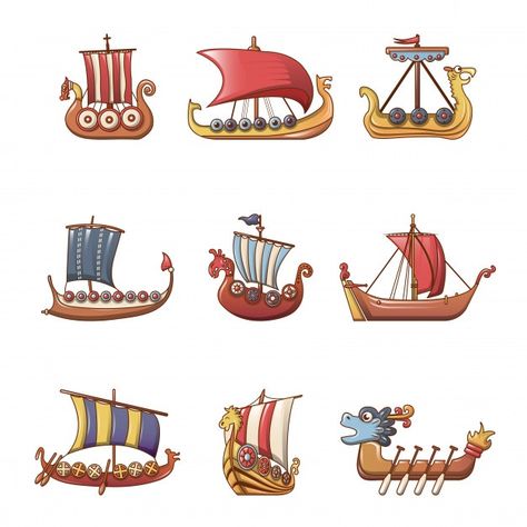 Conjunto de ícones de barco drakkar de b... | Premium Vector #Freepik #vector #vintage #viagem #madeira #desenho-animado Barco Viking, Ship Illustration, Boat Icon, Viking Baby, Viking Head, Ship Vector, Boat Drawing, Viking Helmet, Ship Boat