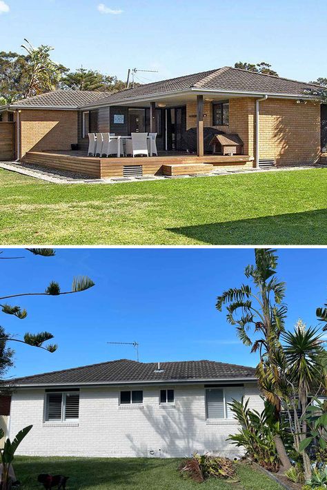 Before and after limewashed brick house Transforming Brick Exterior, Brick House Renovation Australia, Brick Home Transformation, Australian Renovation Before And After, Renovated Brick House, Painted Brick House Exterior Australia, 80s Brick House Makeover, Brick Home Makeover, Australian Brick House Exterior Makeover