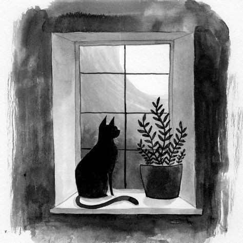 Cat In Window Drawing, Julianna Swaney, Ideas For Cats, Crayons Pastel, Window Illustration, Window Drawing, October Autumn, Cat Sketch, Cat Window