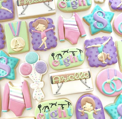 Gymnastics Birthday Party Decorations, Gymnast Birthday Party, 8th Birthday Cake, Gymnastics Party, Gymnastics Birthday, Crazy Cookies, Cookie Cake Birthday, Iced Cookies, 6th Birthday Parties