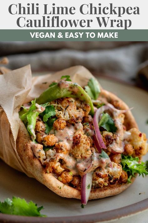 This Chili Lime Chickpea Cauliflower Wrap is a simple veggie packed sheet pan meal that comes together quick in the oven. Served dressed in a creamy umami rich chipotle lime sauce. Vegetarian Friendly Meals, Chickpea And Cauliflower, Care Meals, Vegetarian Ideas, Revenge Body, Brain Storm, Happy Eating, Starch Solution, Vegan Body