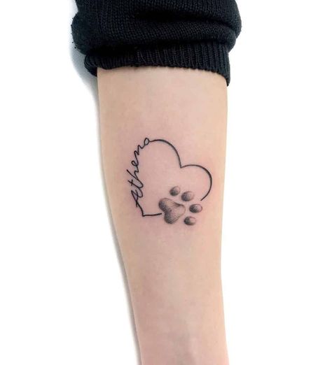 Paw Print Tattoo With Letter, Forever In My Heart Dog Tattoo, Dog Tattoo Ideas Infinity, Pet Paw Print Memorial Tattoo, Dog Heart Tattoo Ideas, Puppy Love Tattoos, Paw With Heart Tattoo, Heart Tattoo With Paw Print, Dog Paw Print Heart Tattoo