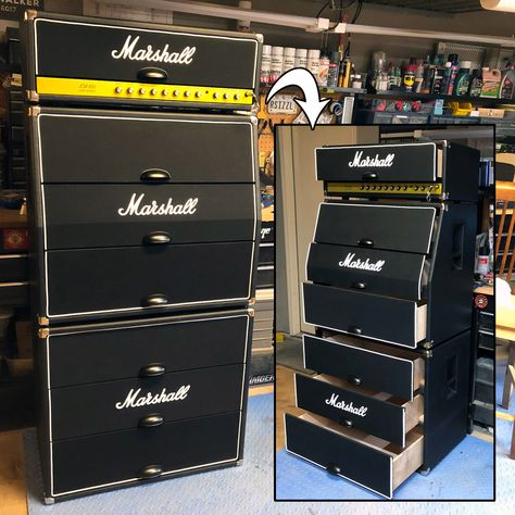 This build took a bit longer to finish than I had originally planned on - but my teenage son loves it, and it looks super cool in his room with all of his guitars and amps.    #marshall #guitar #amplifier #amp #dresser #diy #furniture #mancave #musician Guitar Amp Shelf, Marshall Music, Marshall Guitar, Music Furniture, Music Wall Decal, Dresser Diy, Guitar Storage, Home Studio Ideas, Home Music Rooms