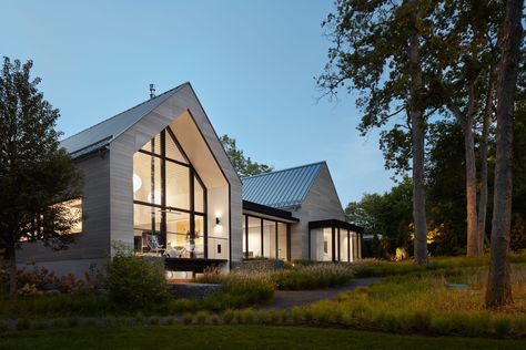 Two Gables - Delta Millworks Gable House Exterior, Twin Gable House, Black Window Frames, Gable House, Hidden Lighting, Homes Exterior, Outdoor Stairs, Built In Seating, Standing Seam