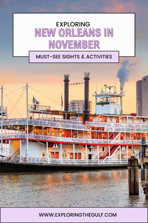 Discover the charm of fall in New Orleans this November. Enjoy warm days, cool evenings, and a city buzzing with culture, music, and culinary delights. With fewer crowds, it's the perfect time to explore historic sites, enjoy the vibrant nightlife, and partake in unique festivals. Experience everything from the French Quarter to the Garden District and make unforgettable memories in NOLA this November. Fall In New Orleans, New Orleans Thanksgiving, New Orleans Fall, 3 Days In New Orleans, New Orleans In October, New Orleans In November, Nola Vacation, Best Time To Visit New Orleans, New Orleans Bayou