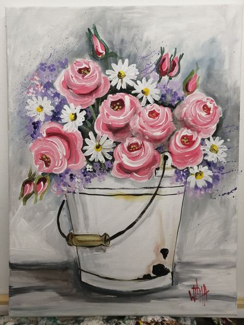 Watercolor Flower Pots Paintings, Flowers In A Pot Painting On Canvas, Flower Pots Watercolor Painting, Flower Pots Diy, Flowers In A Jar Painting, Rose Flowers Drawing, Decoration Craft Ideas, Mason Jar With Flowers Painting, Pot Drawing