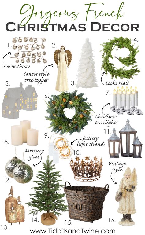 Gorgeous French Christmas Decor items French Chateau Christmas Decor, French Vintage Christmas, Country French Christmas Tree, French Country Winter Decor, Christmas French Country Decor, Christmas Decor French Country, Country French Christmas Decorating, French Inspired Christmas Decor, French Style Christmas Decor