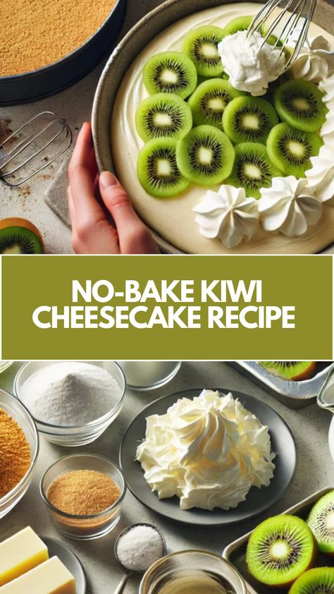 No-Bake Kiwi Cheesecake Recipe is a refreshing dessert made with creamy layers of kiwi puree, tangy cheesecake filling, and a crunchy crust this no-bake treat serves 8 and is ready in under 30 minutes, making it a perfect, quick dessert. Kiwi Dessert Recipes, Kiwi Compote, Fruit Puree Recipes, Kiwi Parfait, Kiwi Recipes Dessert, Kiwi Fruit Recipes, Kiwi Puree, Kiwi Cheesecake, Kiwi Pie