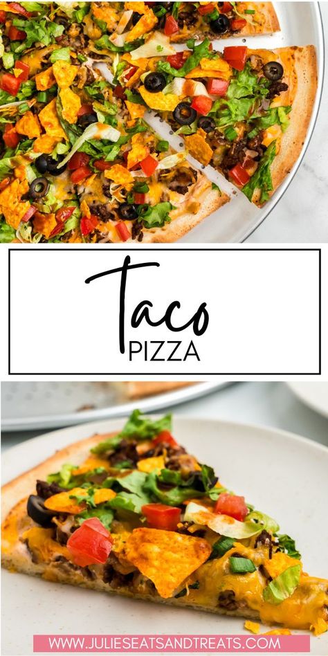 This easy Taco Pizza recipe combines all your favorites! A crispy crust piled high with seasoned ground beef, melty cheese, and all the classic taco fixings. This fun twist on pizza night will be a hit with the whole family! Gluten Free Taco Pizza, Naan Taco Pizza, Taco Pizza With Pizza Crust, Homemade Taco Pizza Recipes, Homemade Taco Pizza, Taco Fixings, Taco Pizza Recipe, Easy Taco Pizza, Taco Pizza Recipes