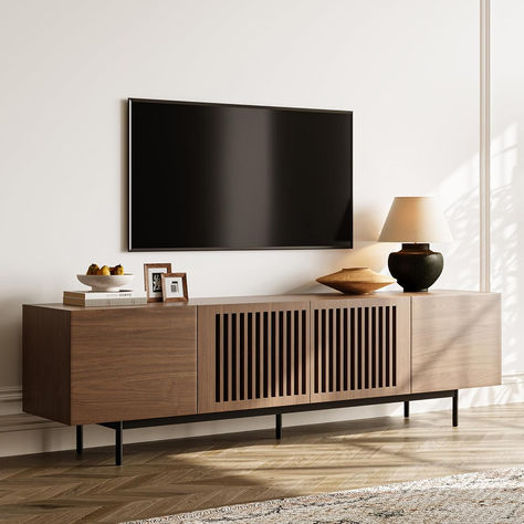 POVISON Modern Solid Wood TV Stand, Entertainment Center for 70 75+ Inch TV, Slatted Media Console TV Cabinet with Tall-cast Metal Legs, Walnut Veneer, Fully-Assembled, 78" White Oak Tv Console, 70 Inch Tv In Living Room Ideas, Media Console Living Room, Tv Console Design, 75 Inch Tv, Tv Stand Entertainment Center, Tv Console Cabinet, Contemporary Tv Stand, Television Cabinet