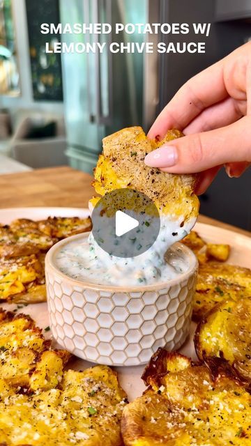 Crispy Smashed Potatoes With Lemony Chive Sauce, Sauce For Potatoes, Sour Cream And Onion Chips, Chive Sauce, Onion Chips, Roasted Smashed Potatoes, Potato Sauce, Clean Eating Guide, Crispy Smashed Potatoes