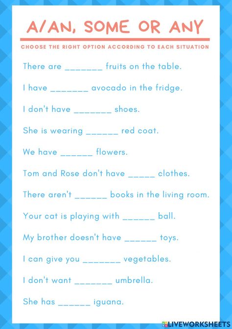 A-an, some or any worksheet Some And Any Worksheets, A An Some Any Worksheet, Some Any Worksheet, Countable And Uncountable Nouns, Some Any, Conjunctions Worksheet, Uncountable Nouns, English Exercises, English Grammar Worksheets