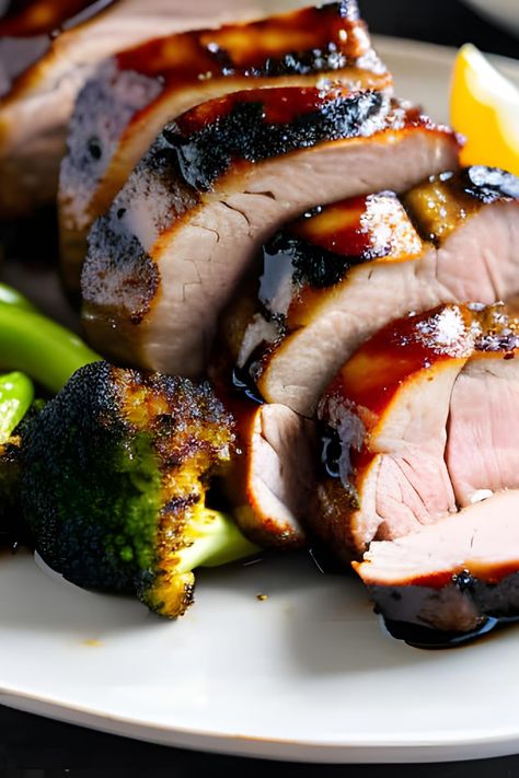 pork tenderloin sliced on a plate with charred broccoli Pork Medallion Recipes, Teriyaki Pork Tenderloin, Pork Tenderloin Marinade, Pork Tenderloin Oven, Beef Pizza, Teriyaki Pork, Grilled Broccoli, Pork Marinade, Pork Tenderloin Recipe