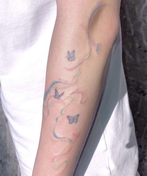 Korean Colored Tattoo, Light Colored Tattoos, Aura Tattoo Design, Blue Color Tattoo, 999 Drawing, Faded Color Tattoo, Iridescent Tattoo, Purple Ink Tattoo, Light Blue Tattoo