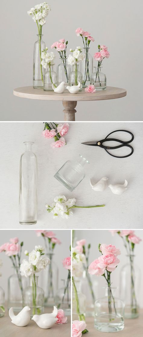 Diy Centrepieces, Deco Champetre, White Carnation, Glass Bottle Diy, Wedding Centerpieces Diy, Diy Centerpieces, Deco Floral, Spring Diy, Glass Vases