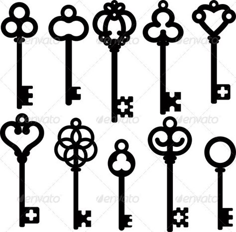 Antique skeleton keys silhouette set. Vector illustration, fully editable, vector objects separated and grouped. Editable EPS 8 Ve Key Drawings, Bunch Of Keys, Key Tattoos, Key Tattoo, Vintage Skeleton Keys, Anniversaire Harry Potter, Skeleton Keys, Old Keys, Antique Keys