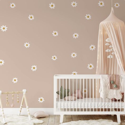 Daisy Wall Decals Nursery, Daisy Wall Nursery, Daisy Accent Wall Nursery, Daisy Wallpaper Nursery, Painted Flower Accent Wall, Neutral Daisy Nursery, Girl Nursery Wallpaper Accent Wall, Daisy Wall Painting, Baby Girl Nursery Daisy