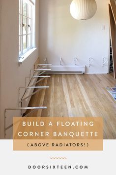 Built In Bench Over Baseboard Heat, Banquette Over Baseboard Heating, Floating Kitchen Bench Seating, Table Built In Bench, Tiny Banquette, Corner Table Dinning Room, Built In Bench Over Radiator, Built In Corner Bench Dining Room, Breakfast Nook Over Baseboard Heater