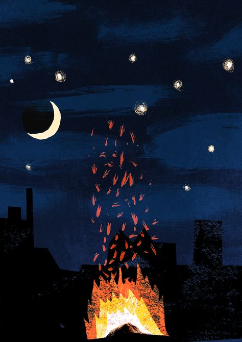 Bonfire Night Illustration by Catherine Pape Bonfire Night Wallpaper, Bonfire Night Illustration, Night Scene Illustration, Winter Solstice Illustration, Bonfire Night Games, Bonfire Drawing, Bonfire Illustration, October Drawings, Campfire Illustration