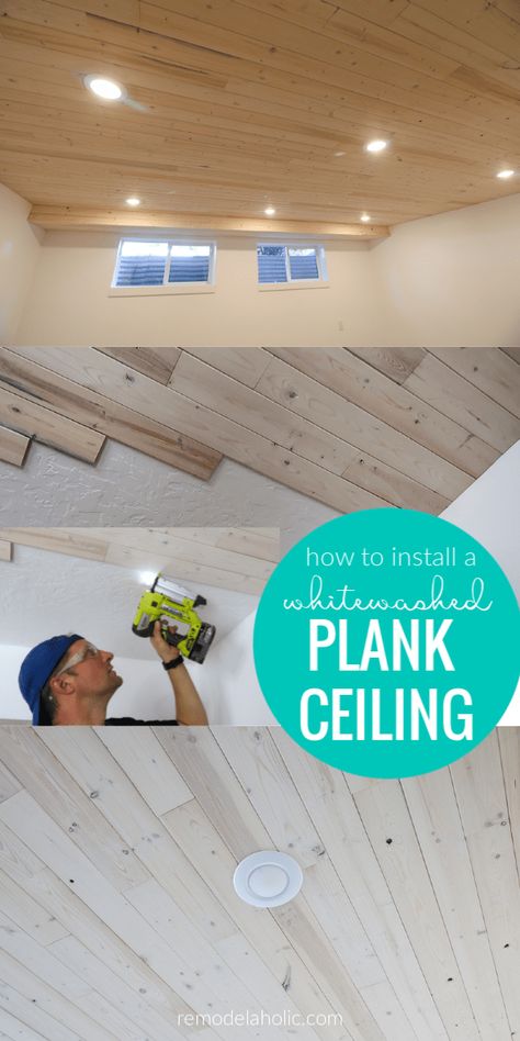 Wood Plank Ceiling, Recessed Can Lights, Tongue And Groove Ceiling, Whitewashed Wood, Plank Ceiling, Basement Ceiling, Knotty Pine, Diy Ceiling, Work Diy