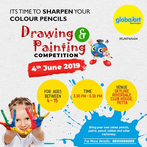 Feeling Creative? Here it comes the time for the kids to sharpen your pencils for the drawing and painting competition on 4 th june 2019 from 3:30 pm at Skyline Riverdale Club House, Petta. To register, click the link below.  https://forms.gle/tLaQcZVsKJFRvkS3A For more details contact: 9895660000 #GlobalArt #Kerala #Kochi #Competition #art #colouring #painting #drawing #kids Painting Competition Poster, Drawing Competition Poster Ideas, Drawing Competition Poster, Competition Poster, Ganesh Festival, Competitions For Kids, Drawing Kids, Drawing Competition, Birthday Captions Instagram