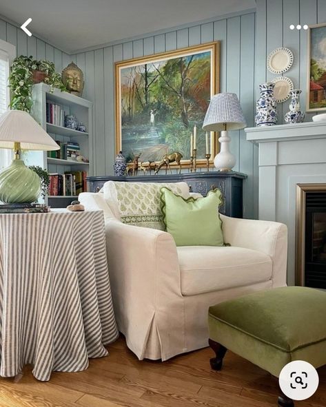 Blue Wall Family Room, Green Cottage Living Room, Blue Wall Living Room Ideas, Eclectic Cabin, Green And Blue Living Room, Basic Sewing Machine, Elegant Cottage, Blue And Green Living Room, Living Room Blue