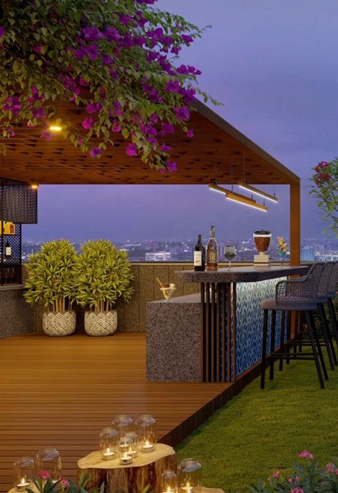 Pent House Terrace, Penthouse Garden, Bar Design Home, Penthouse Ideas, Terrace Interior, Indian Houses, Roof Terrace Design, Terraced Landscaping, Terrace Garden Ideas