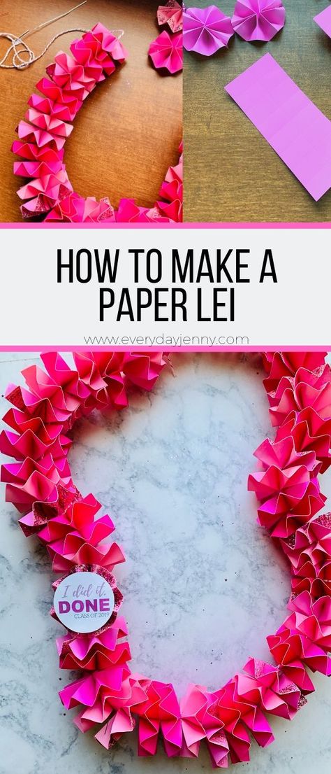 DIY PAPER LEI FOR GRADUTION (OR DIY MONEY LEI) | EVERYDAY JENNY Hawaiian Lei Craft For Kids, Tissue Paper Lei Diy, Paper Leis Graduation, How To Make A Paper Lei, Make Your Own Lei Station, How To Make A Flower Lei Graduation, Homemade Leis Diy, Diy Leis For Kids, How To Make A Lei Diy