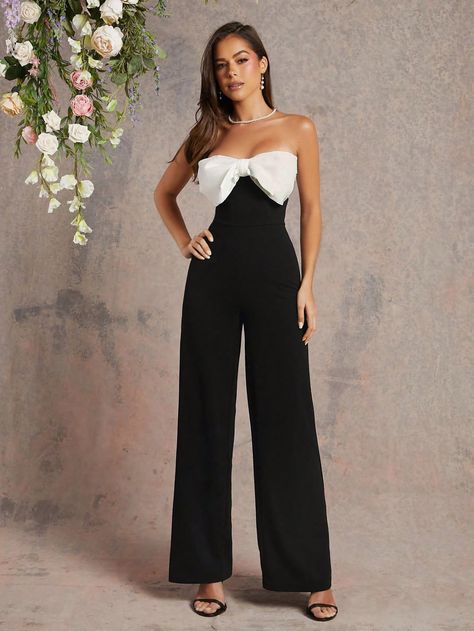 SHEIN Haute Chic Two-Tone Jumpsuit With Black Bow Top And White Wide-Leg PantsI discovered amazing products on SHEIN.com, come check them out! Black Jumpsuit With Sleeves, Black And White Jumpsuit, White Summer Outfits, High Waist Jumpsuit, White Wide Leg Pants, Black White Jumpsuit, Black Overalls, Bow Top, White Jumpsuit